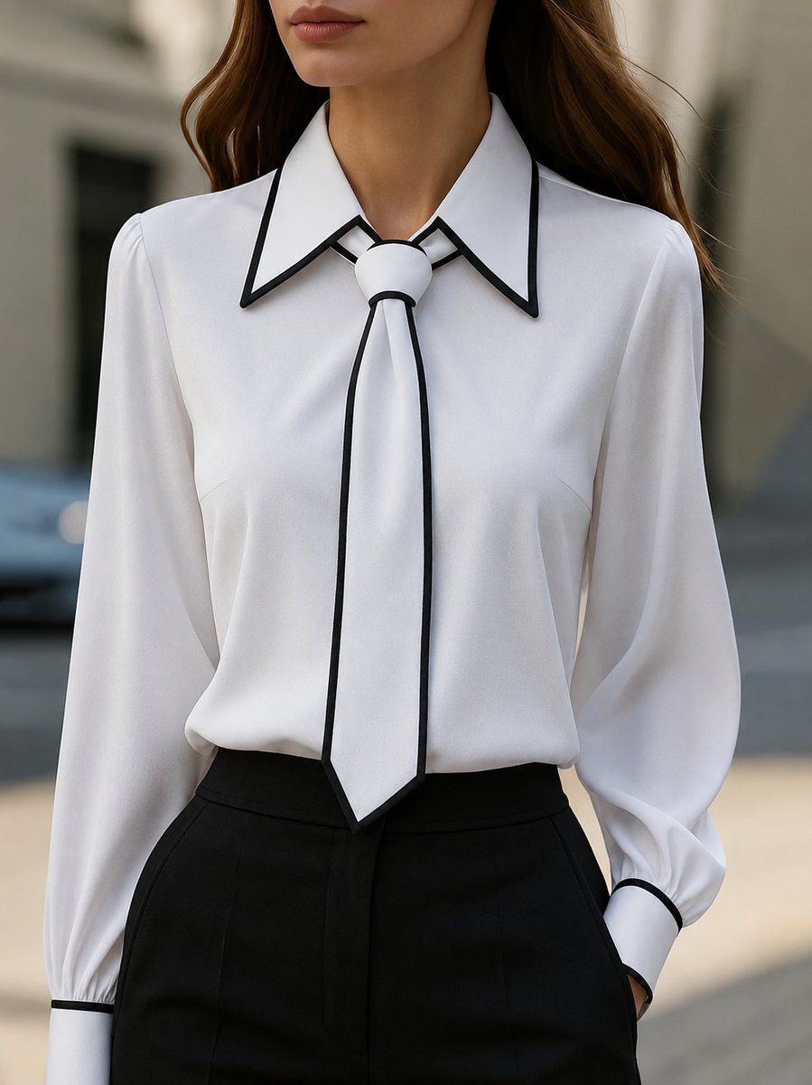 Women's Long Sleeve Contrast Trim Detachable Tie Neck Blouse - White