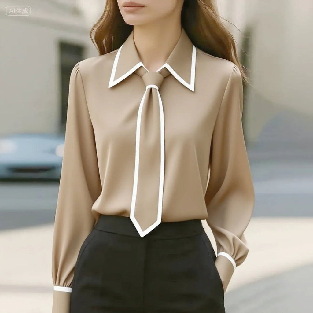 Women's Long Sleeve Contrast Trim Detachable Tie Neck Blouse - Beige