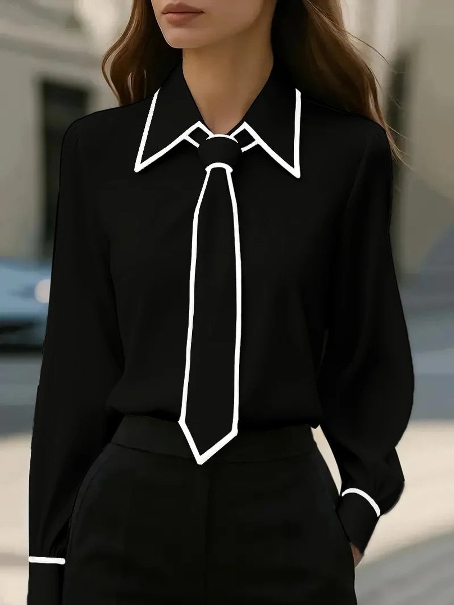 Women's Long Sleeve Contrast Trim Detachable Tie Neck Blouse - Black