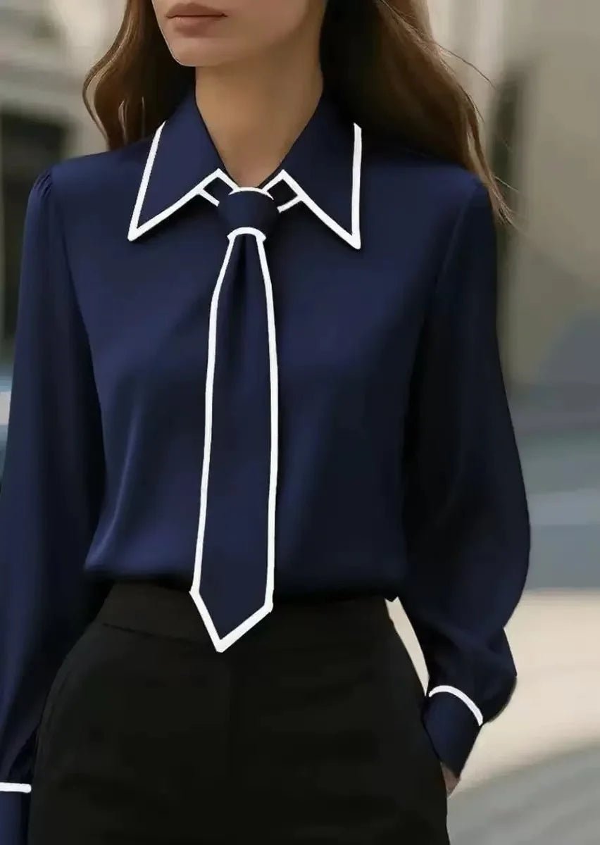 Women's Long Sleeve Contrast Trim Detachable Tie Neck Blouse - Navy Blue