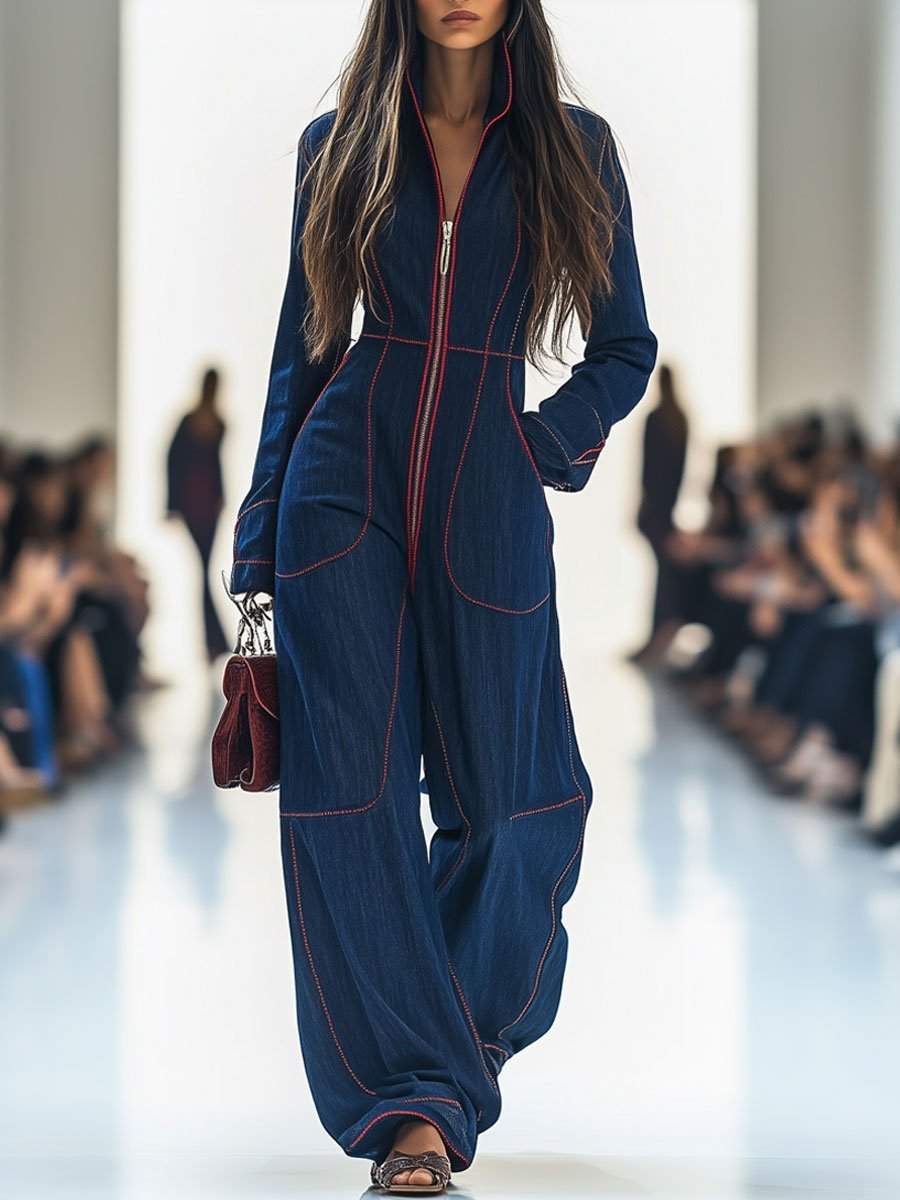 Women's Long Sleeve Front-Zip Wide Leg Pants Jumpsuit - Dark Blue