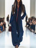 Women's Long Sleeve Front-Zip Wide Leg Pants Jumpsuit - Dark Blue
