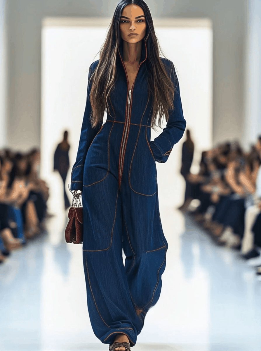 Women's Long Sleeve Front-Zip Wide Leg Pants Jumpsuit