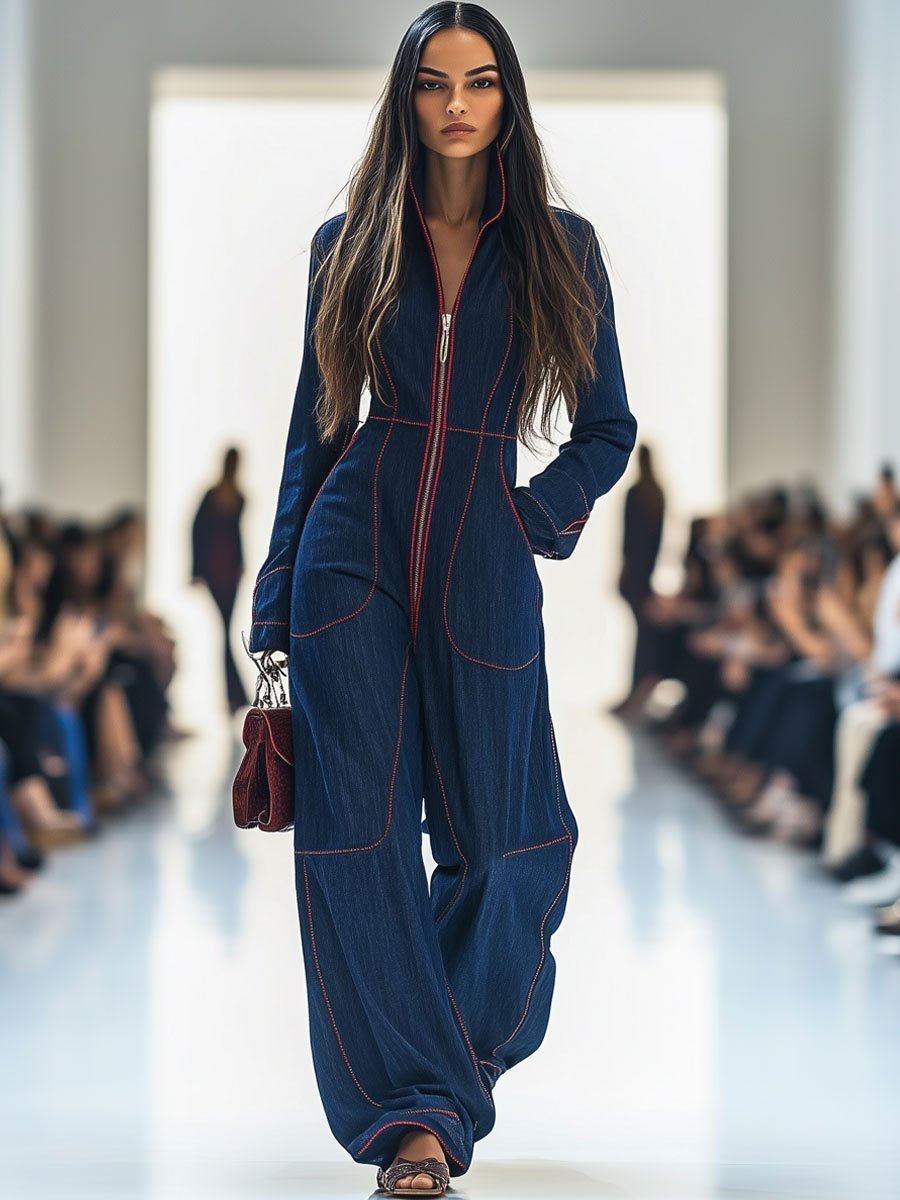 Women's Long Sleeve Front-Zip Wide Leg Pants Jumpsuit