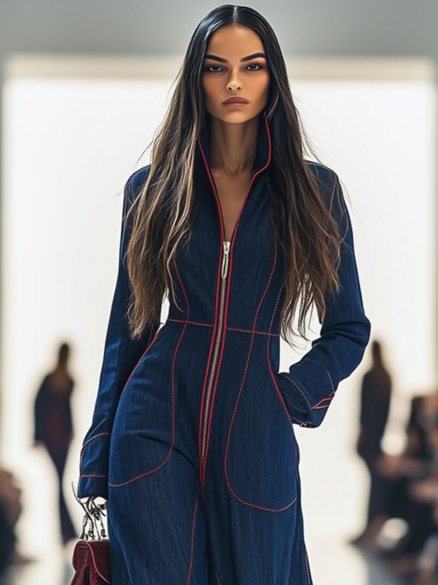 Women's Long Sleeve Front-Zip Wide Leg Pants Jumpsuit