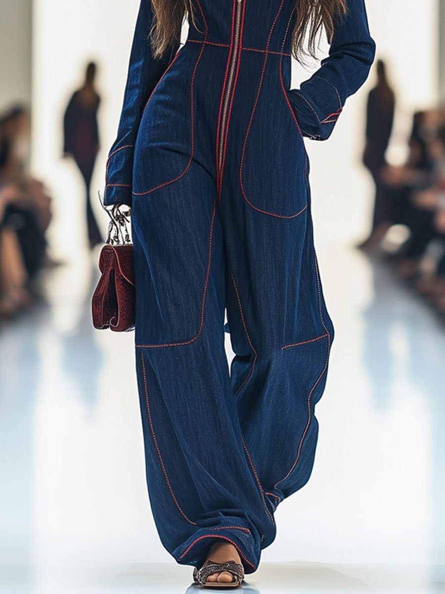 Women's Long Sleeve Front-Zip Wide Leg Pants Jumpsuit