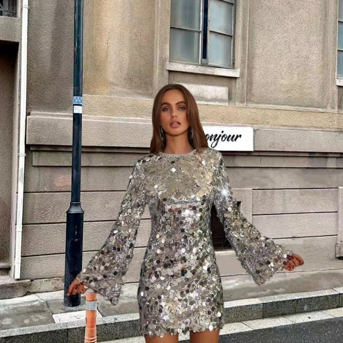 Women's Long-Sleeve Sequin Mini Cocktail Dress