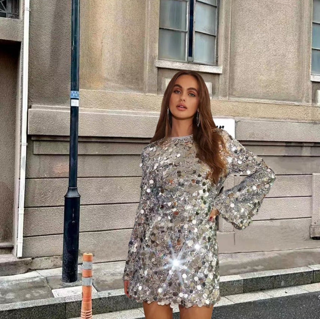 Women's Long-Sleeve Sequin Mini Cocktail Dress