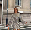 Women's Long-Sleeve Sequin Mini Cocktail Dress - Silver
