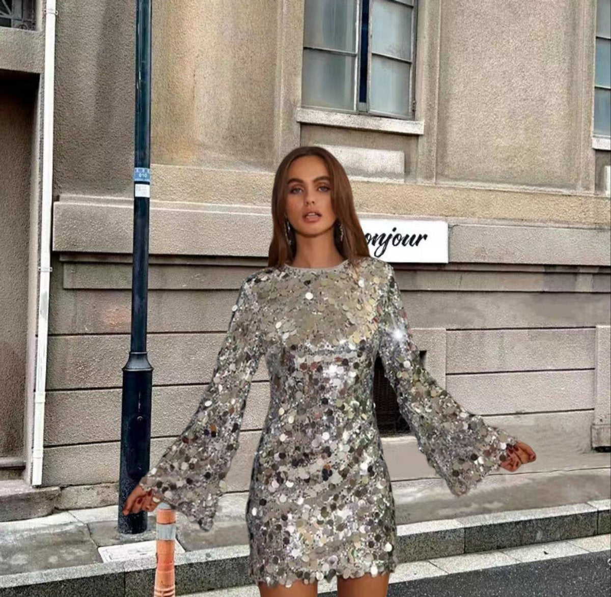 Women's Long-Sleeve Sequin Mini Cocktail Dress - Silver