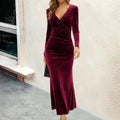 Women's Long Sleeve V-Neck Velvet Ruched Formal Dresses Midi - Red