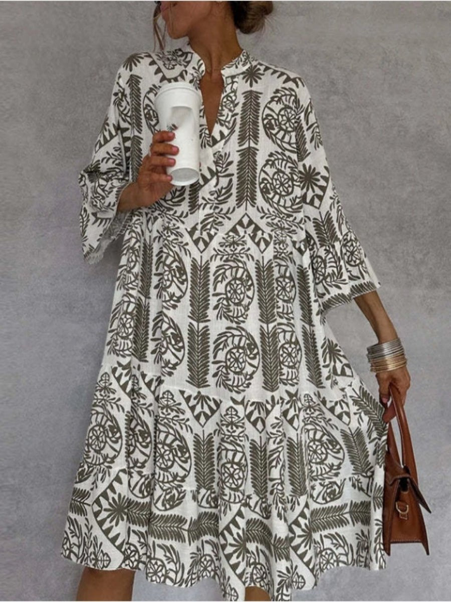 Women's Loose Floral Print Boho Tunic Dress - Khaki