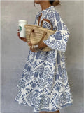 Women's Loose Floral Print Boho Tunic Dress - Light Blue