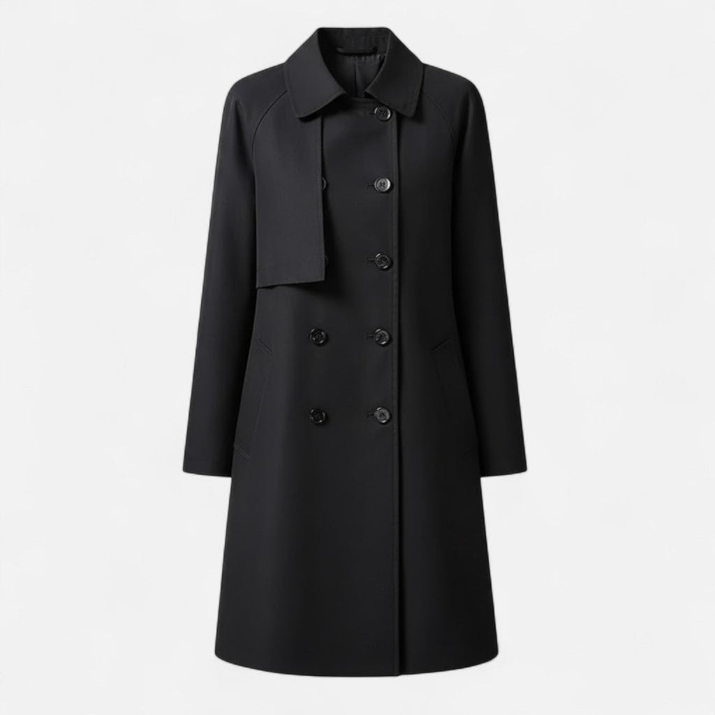 Women's Mid-Length Wool-Blend Double-Breasted Trench Coat - Black