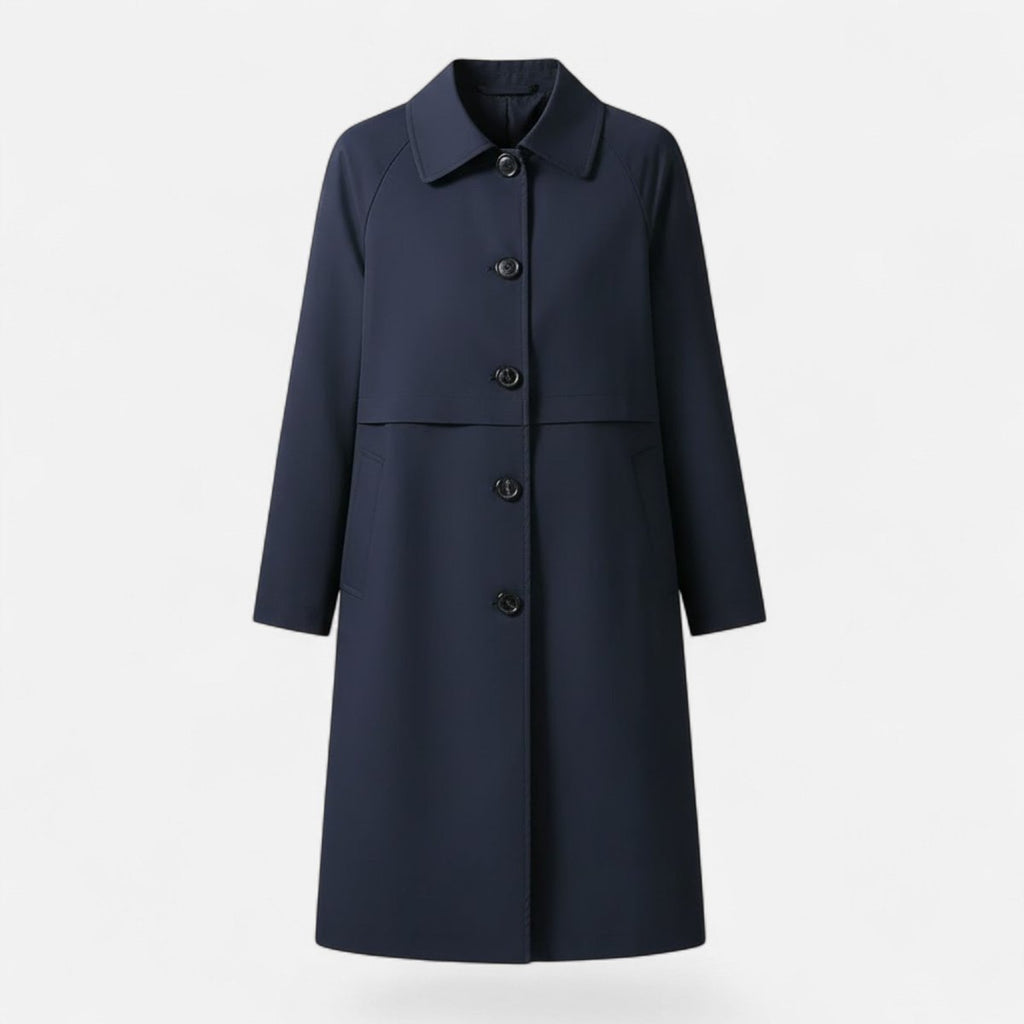 Women's Mid-Length Wool-Blend Double-Breasted Trench Coat - Navy Blue