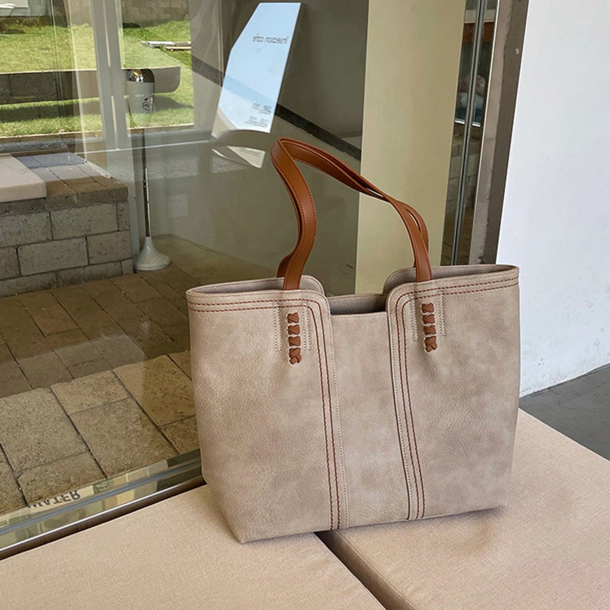 Women's Minimalist Faux Leather Large Structured Tote Bag - Khaki