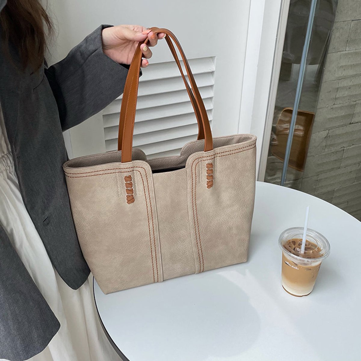 Women's Minimalist Faux Leather Large Structured Tote Bag