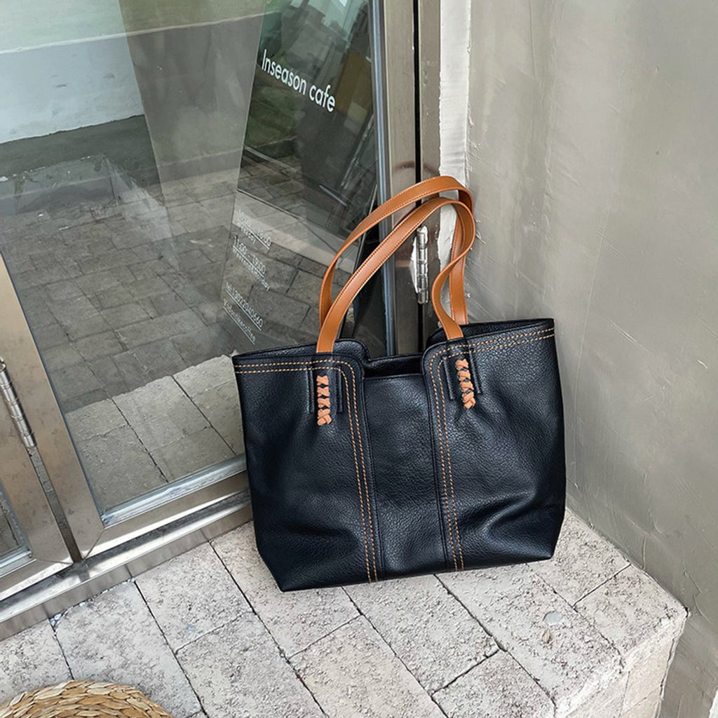 Women's Minimalist Faux Leather Large Structured Tote Bag - Black