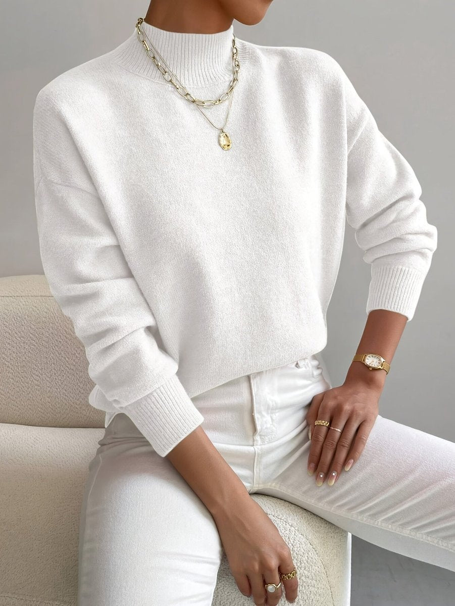 Women's Mock Turtleneck Relaxed-Fit Long Sleeve Sweater - White