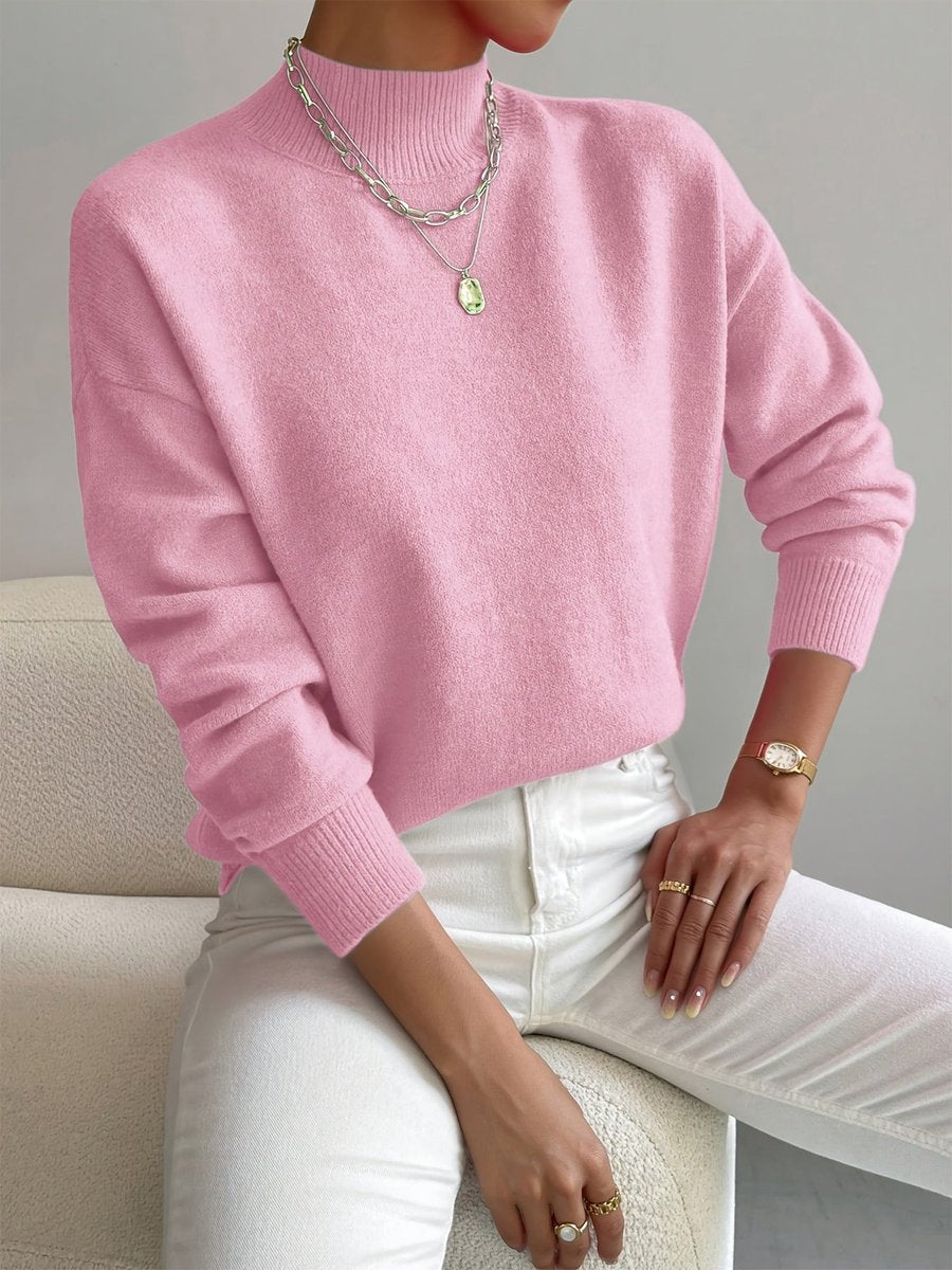 Women's Mock Turtleneck Relaxed-Fit Long Sleeve Sweater - Light Pink