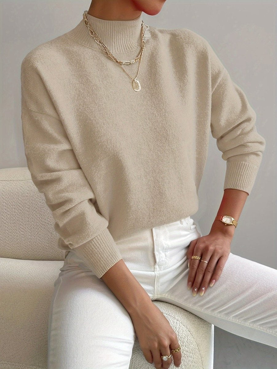 Women's Mock Turtleneck Relaxed-Fit Long Sleeve Sweater - Beige