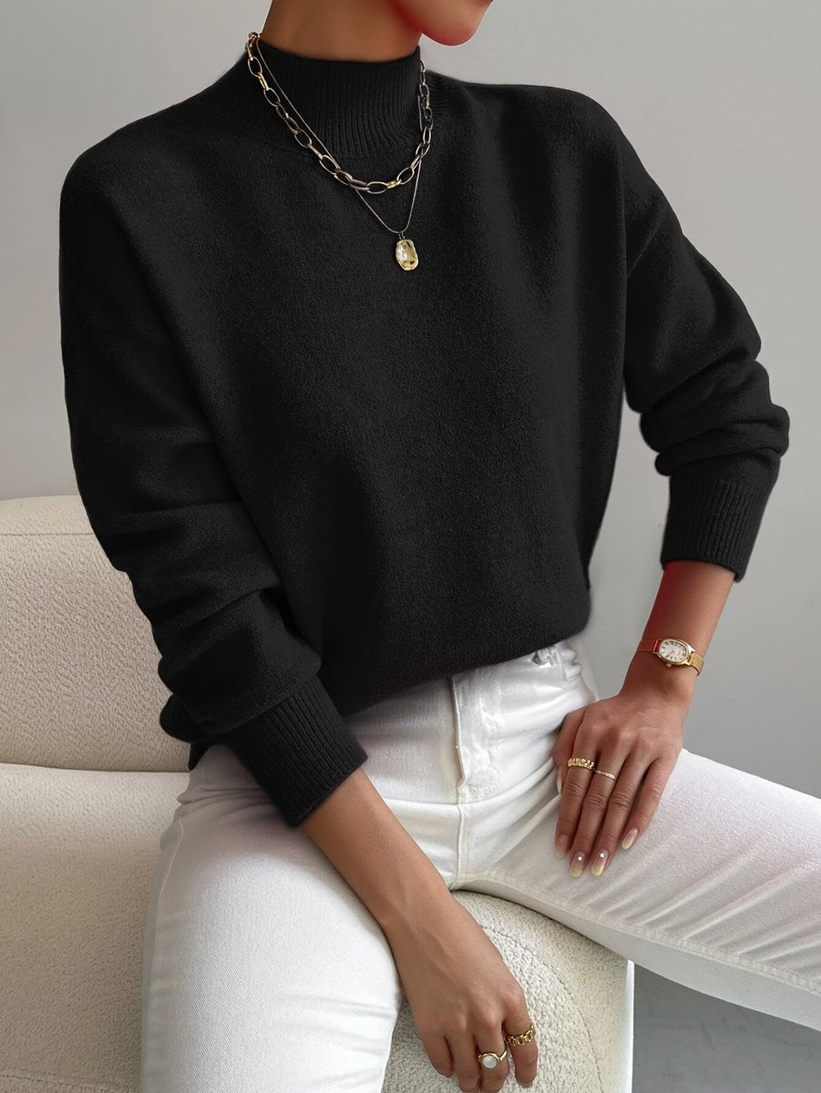 Women's Mock Turtleneck Relaxed-Fit Long Sleeve Sweater - Black