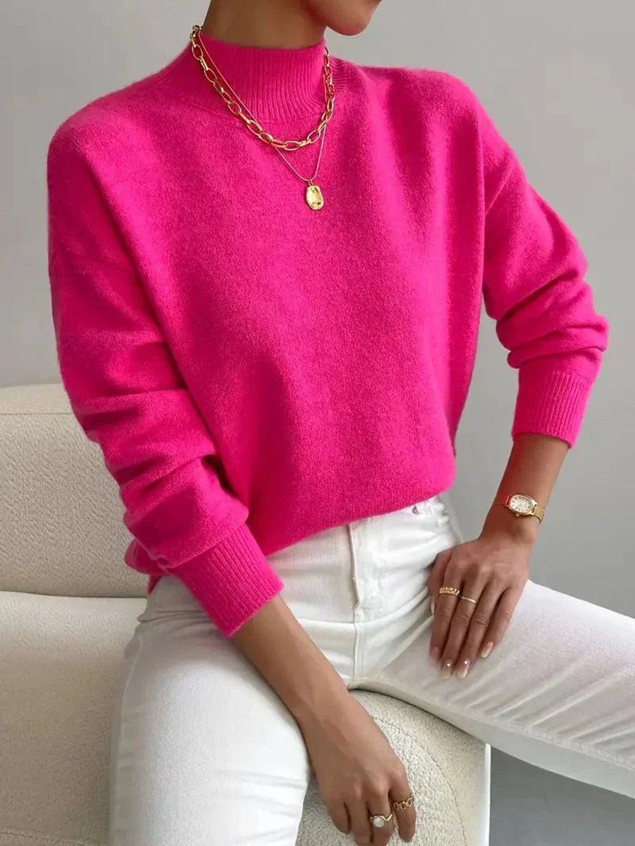 Women's Mock Turtleneck Relaxed-Fit Long Sleeve Sweater - Pink