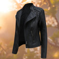 Women's Moto-Style Zip-Up Faux Leather Jacket - Black