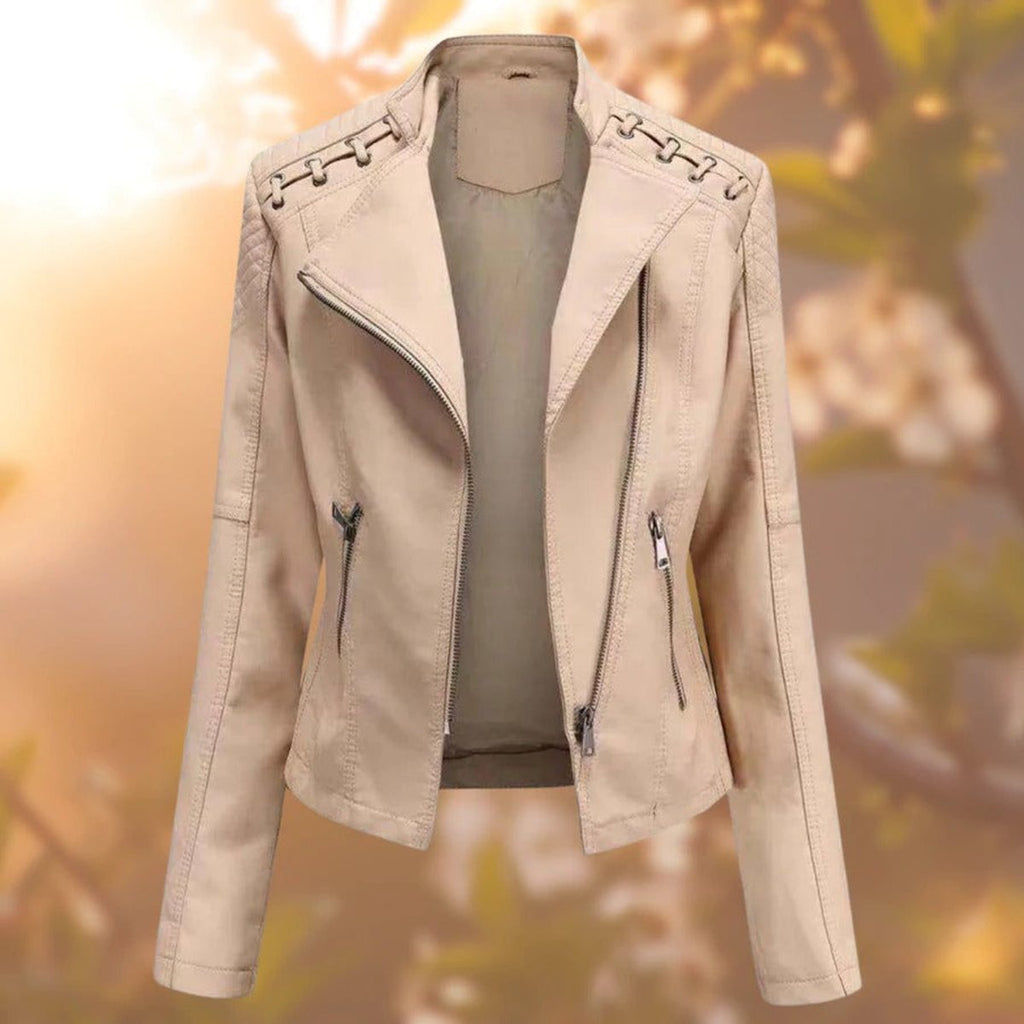 Women's Moto-Style Zip-Up Faux Leather Jacket - Khaki