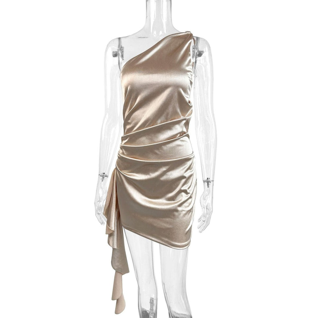 Women's One-Shoulder Asymmetrical Draped Satin Cocktail Dress