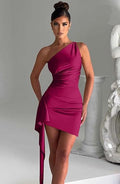 Women's One-Shoulder Ruched Asymmetric Mini Cocktail Dress - Magenta