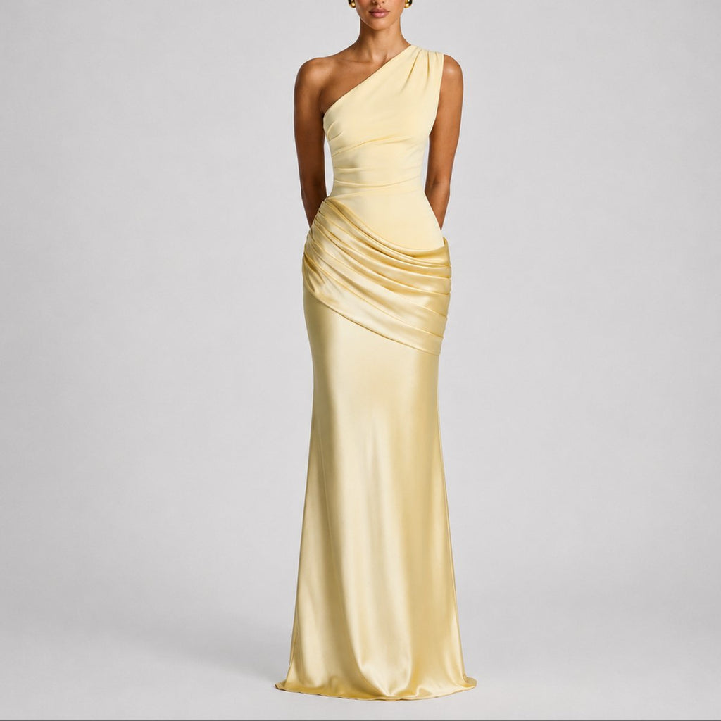 Women's One-Shoulder Satin Draped Maxi Fall Wedding Guest Dress - Yellow