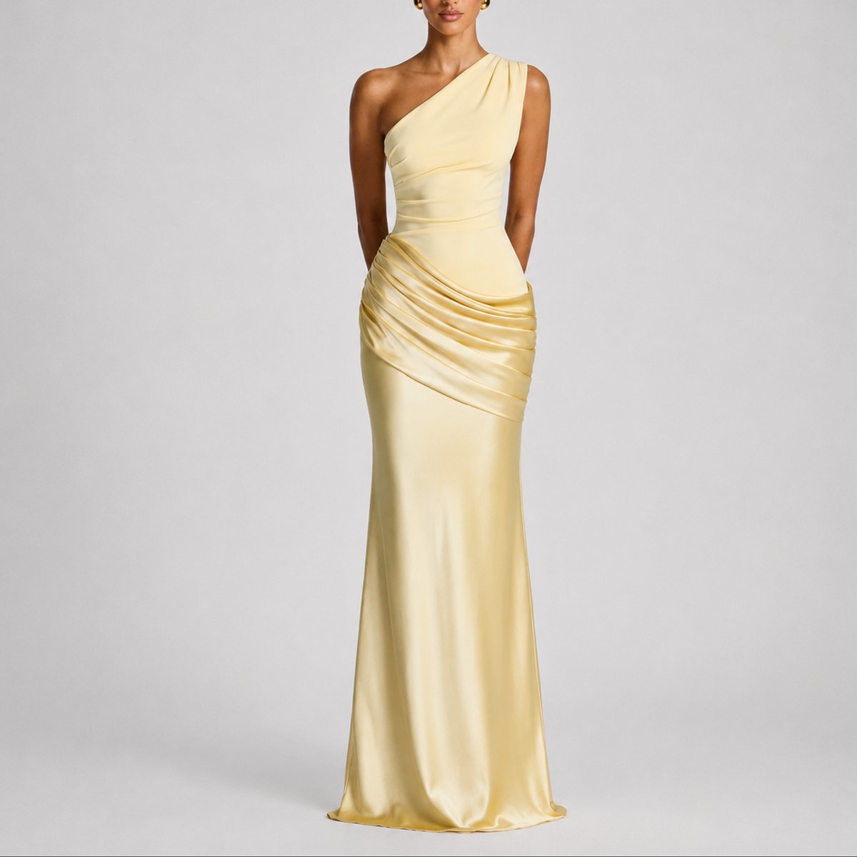 Women's One-Shoulder Satin Draped Maxi Fall Wedding Guest Dress - Yellow