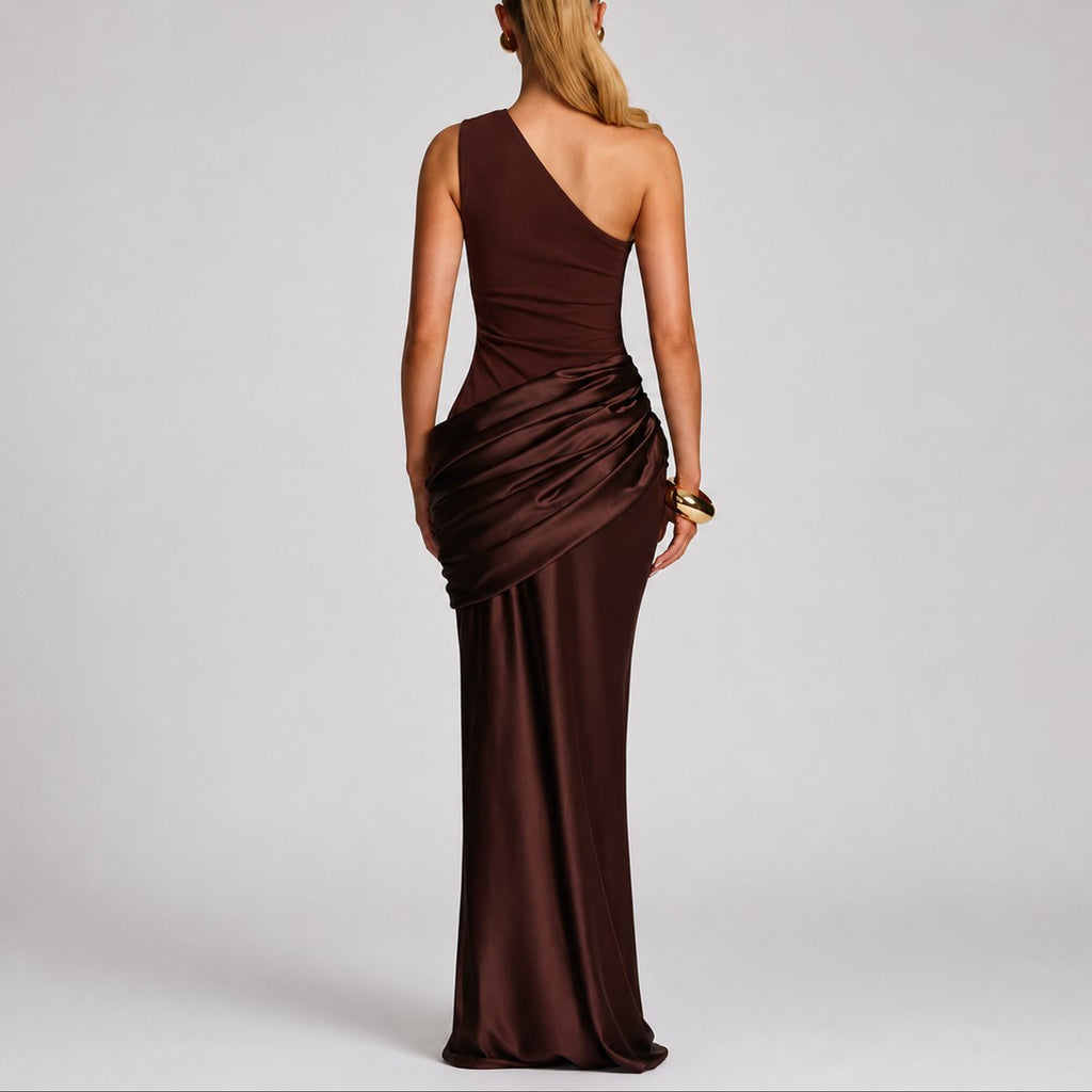 Women's One-Shoulder Satin Draped Maxi Fall Wedding Guest Dress