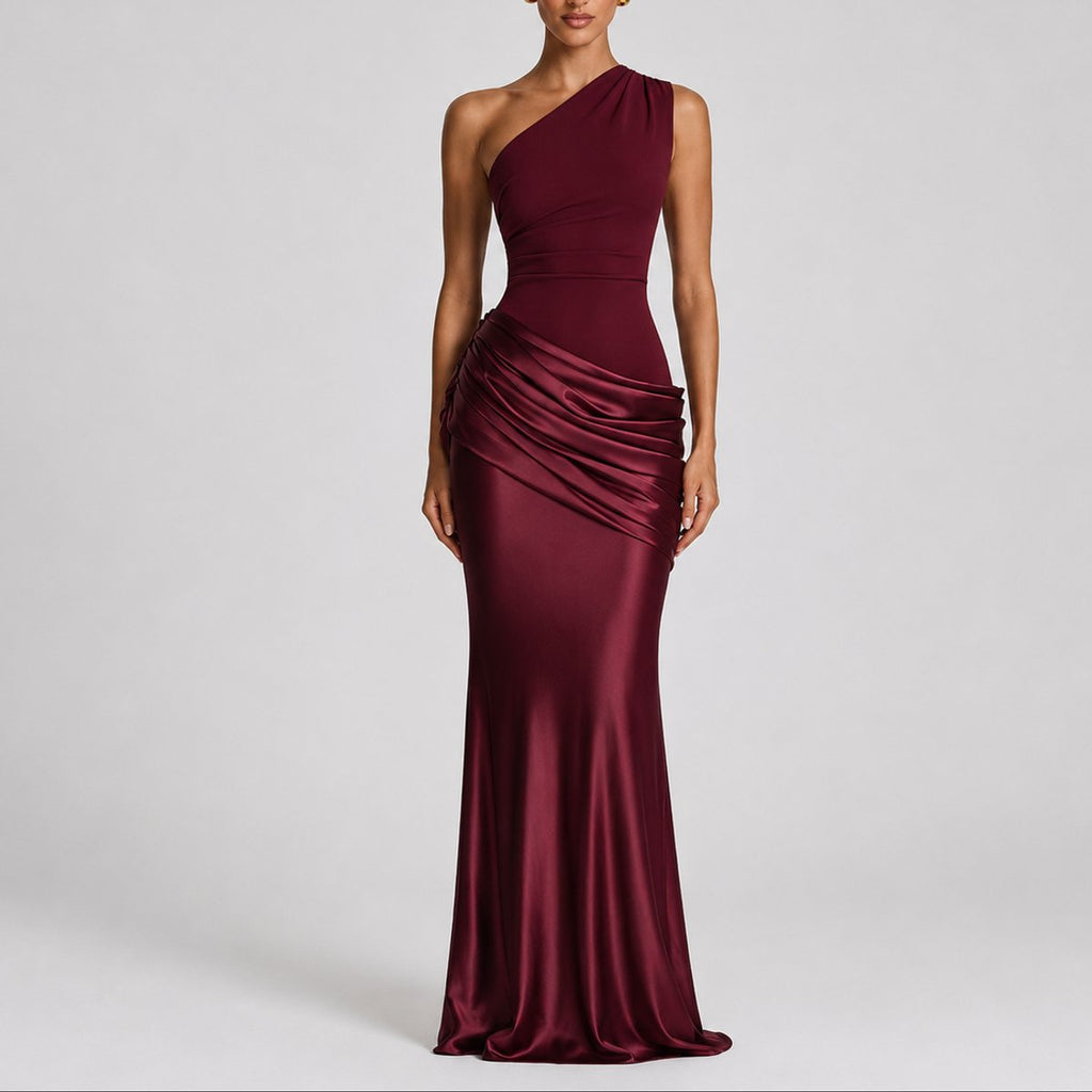 Women's One-Shoulder Satin Draped Maxi Fall Wedding Guest Dress - Red