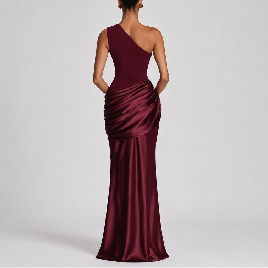 Women's One-Shoulder Satin Draped Maxi Fall Wedding Guest Dress