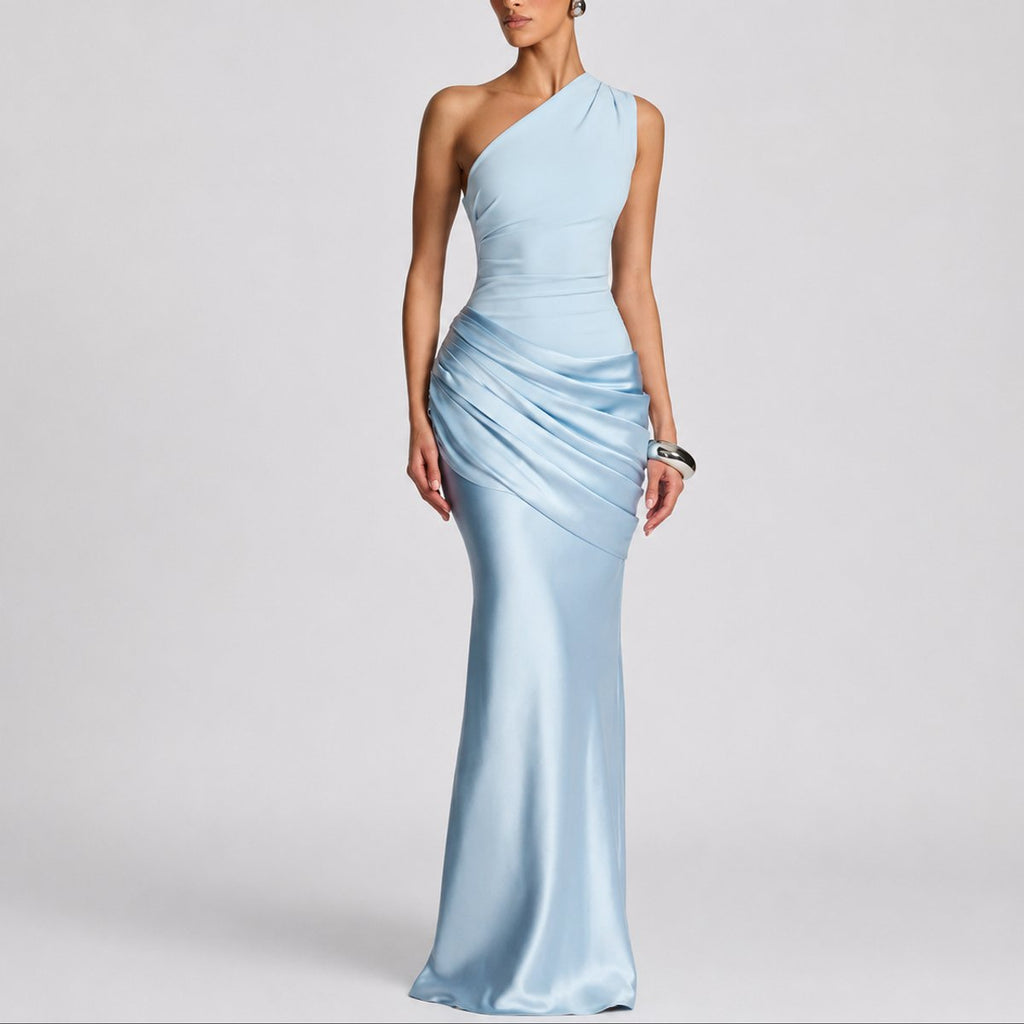 Women's One-Shoulder Satin Draped Maxi Fall Wedding Guest Dress - Light Blue