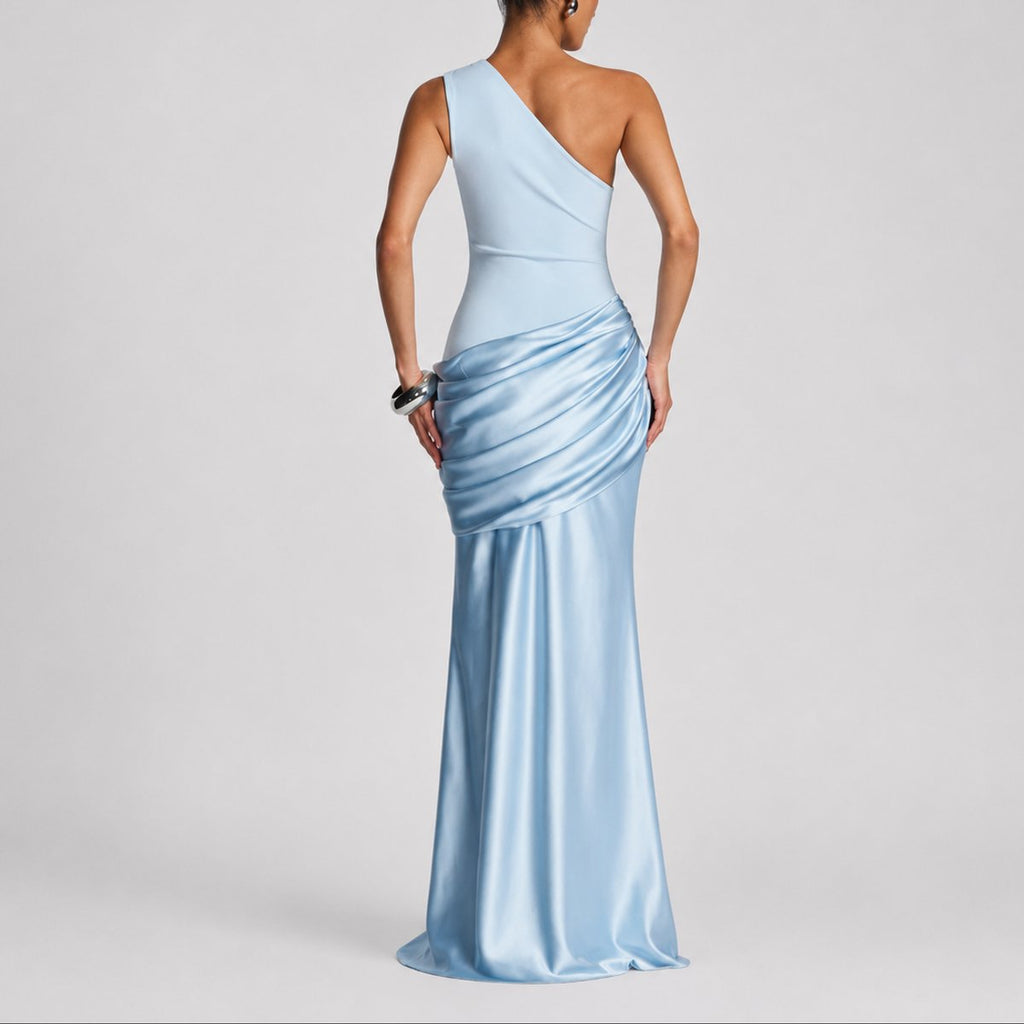 Women's One-Shoulder Satin Draped Maxi Fall Wedding Guest Dress