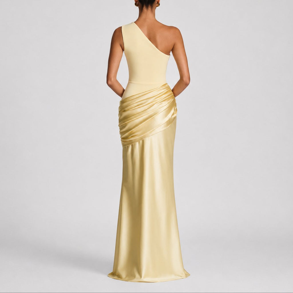 Women's One-Shoulder Satin Draped Maxi Fall Wedding Guest Dress