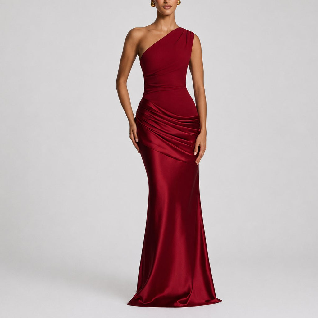 Women's One-Shoulder Satin Draped Maxi Fall Wedding Guest Dress