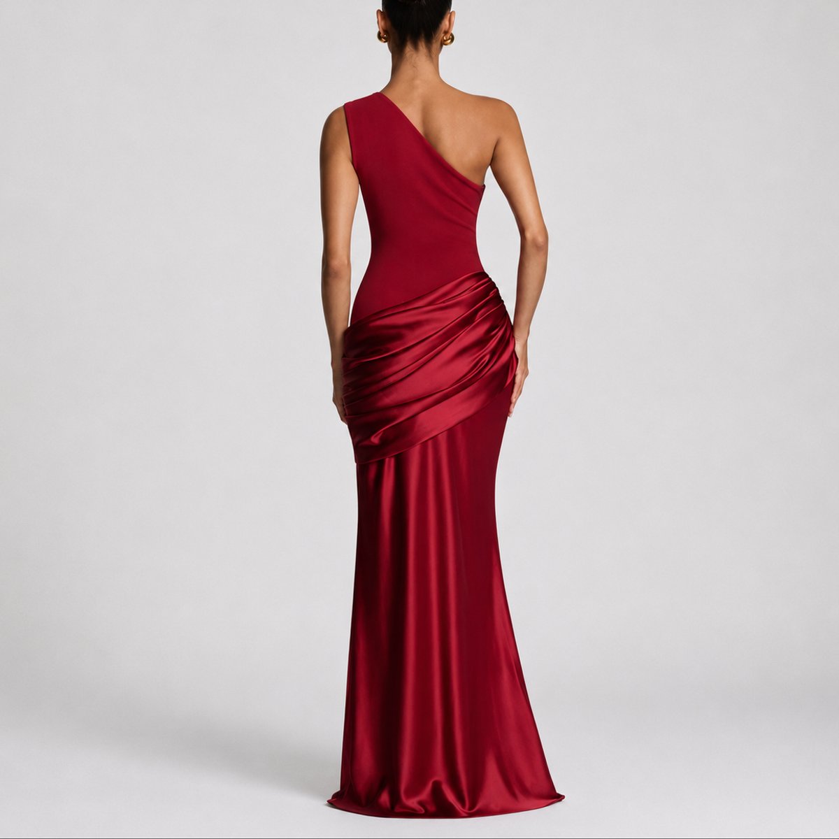 Women's One-Shoulder Satin Draped Maxi Fall Wedding Guest Dress