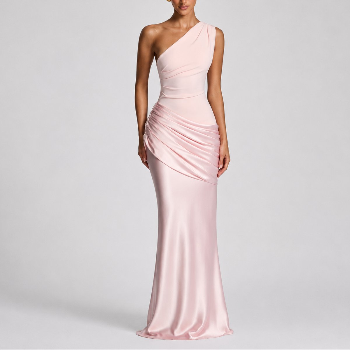 Women's One-Shoulder Satin Draped Maxi Fall Wedding Guest Dress - Pink