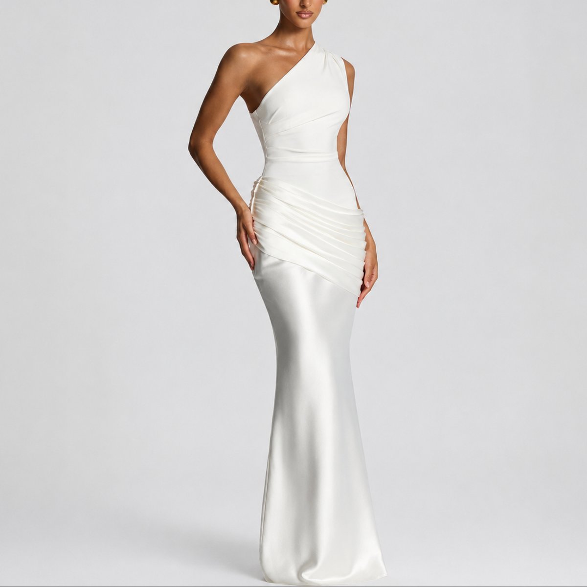 Women's One-Shoulder Satin Draped Maxi Fall Wedding Guest Dress - White