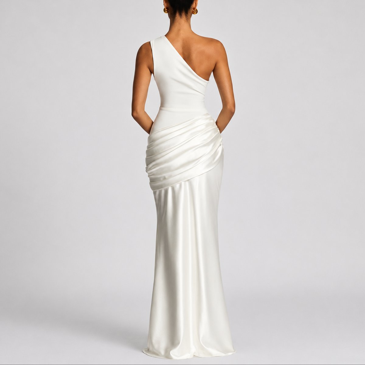 Women's One-Shoulder Satin Draped Maxi Fall Wedding Guest Dress