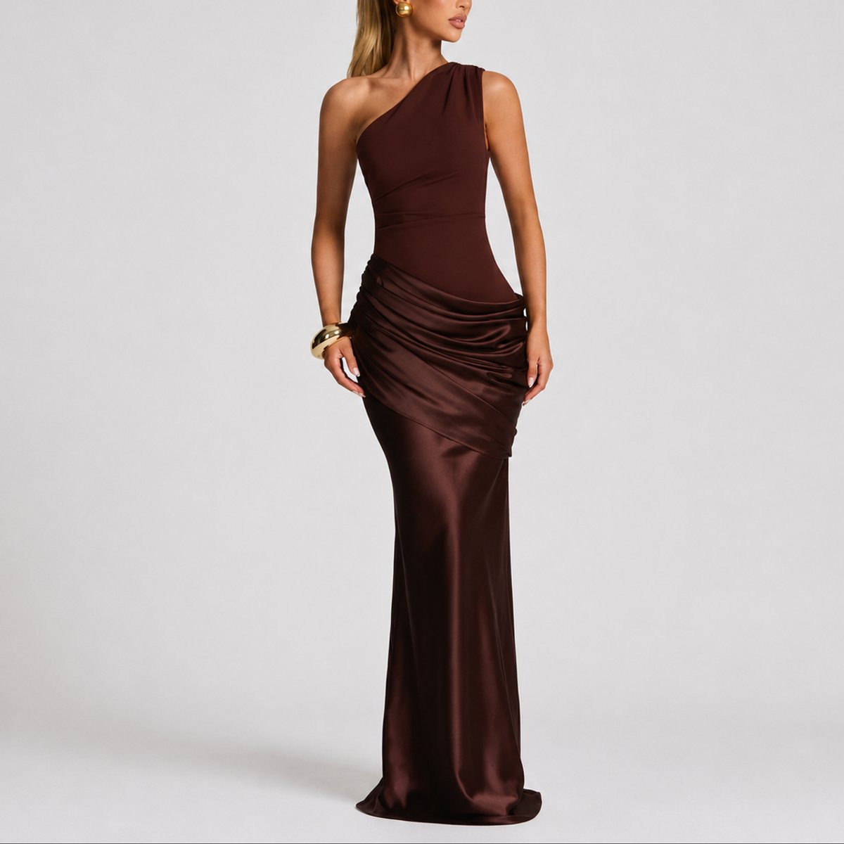 Women's One-Shoulder Satin Draped Maxi Fall Wedding Guest Dress - Brown