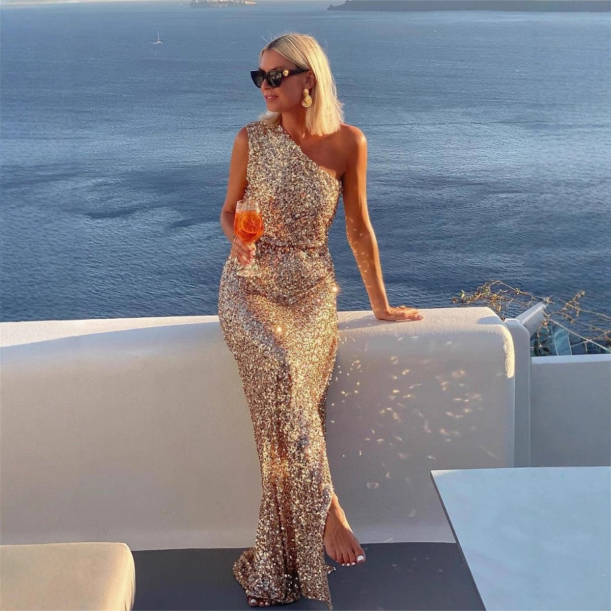 Women's One-Shoulder Sequin Maxi Cocktail Dress Side Slit