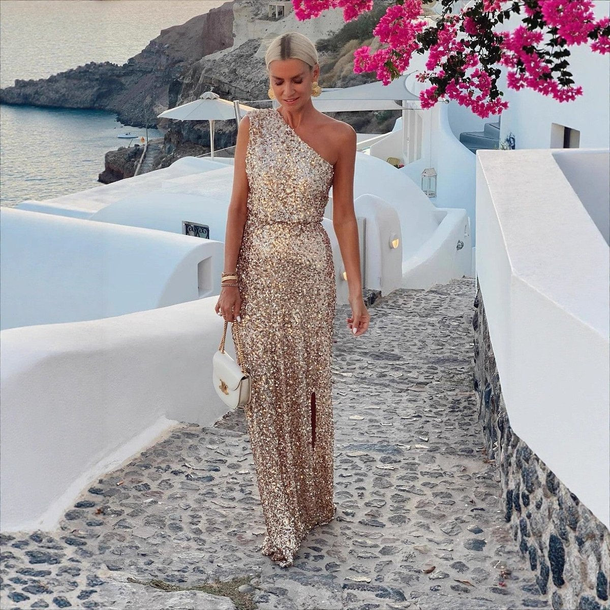 Women's One-Shoulder Sequin Maxi Cocktail Dress Side Slit