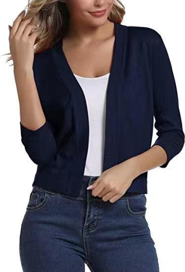 Women's Open-Front 3/4 Sleeve Cropped Cardigan - Sapphire Blue