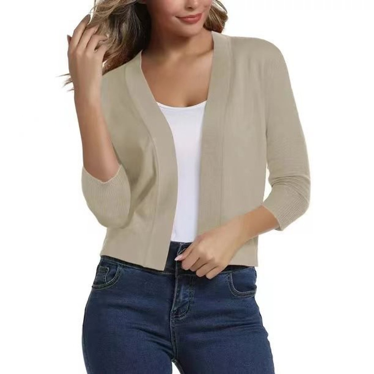 Women's Open-Front 3/4 Sleeve Cropped Cardigan - Beige
