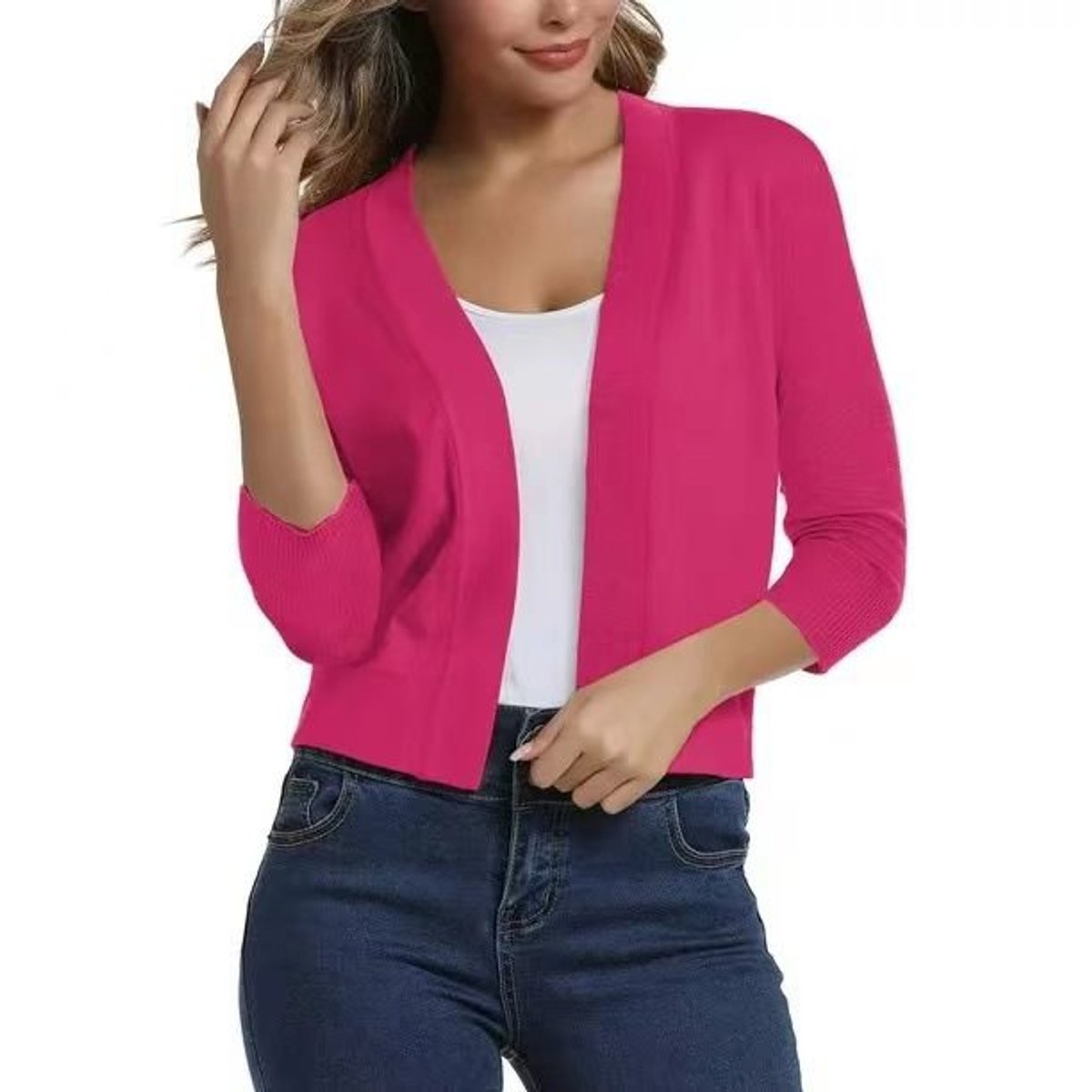 Women's Open-Front 3/4 Sleeve Cropped Cardigan - Red